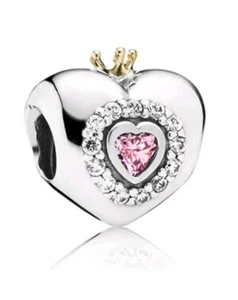 PANDORA 925 + 14k Gold Crown Princess Heart Charm Pendant 791375PCZ - Picture 1 of 9