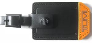 TUMI LUGGAGE BAG ID TAG NEW, BLACK, BRIGHT YELLOW / ORANGE STRIP, 3 1/4"x2 1/8" - Picture 1 of 3