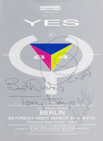 Yes signed 90215 concert flyer 5 x 7 by Jon Anderson, Tony Kaye & Alan White Cover