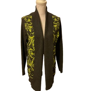 Alberto Makali Cardigan Sweater L Charcoal Gray Lime Green Textured Paisley Ribb - Picture 1 of 11