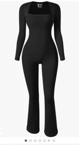 OQQ Women Yoga Jumpsuits Ribbed Exercise Long Sleeve Bell Bottom Size Med Black - Picture 1 of 7