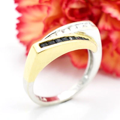 Anillo de derivación de diamantes y zafiros de oro amarillo y blanco de 14 k tamaño 7,25 Foto 1 de 4