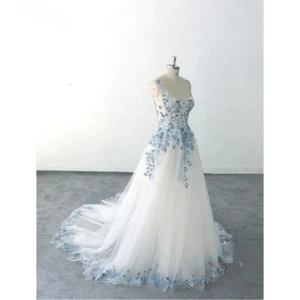 Light Blue Floral Embroidery Wedding Dresses Sleeveless Square Neck A-line Gowns - Picture 1 of 9