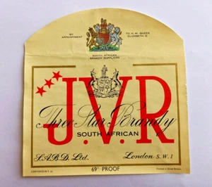 S.A.B.D. Ltd - J.V.R. - South African 3 Star Brandy - 69% Proof - Label 1960's - Picture 1 of 1