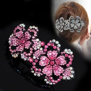 Double Flower Butterfly Hair Claws - Rhinestone Crystal Women Headwear Accessory - Picture 1 of 53