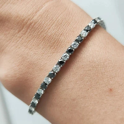 Теннисный женский браслет 5 карат круглой огранки Lab Created с черными бриллиантами белое золото 14 карат FN - Изображение 1 из 4