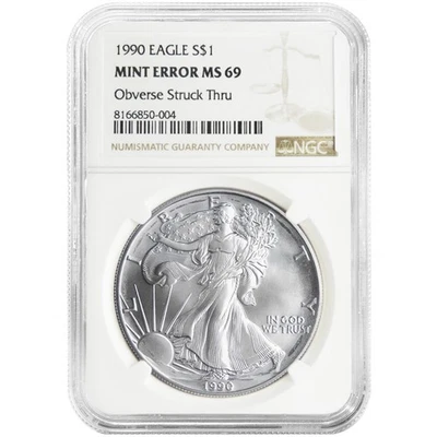 1990 $1 American Silver Eagle NGC MS69 Mint Error Obverse Strike Thru - Image 1 of 2