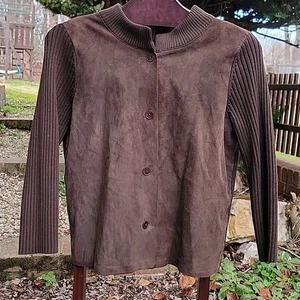 Talbots Brown Suede Jacket Mixed Media Rib Knit Italian Merino Wool Size M Y2K - Picture 1 of 8