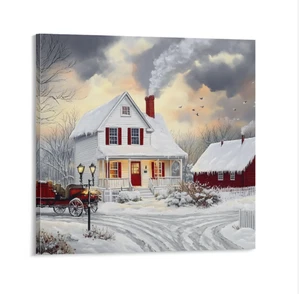 De colección Granja Campo Rojo Granero Carruaje Paisaje Árboles de Nieve 16 x 16 NUEVO - Imagen 1 de 4
