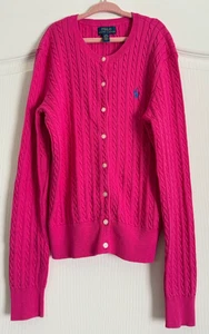 Polo Ralph Lauren Cárdigan Suéter Rosa Caliente Tejido con Cable Crew Algodón Grande 12 14 - Imagen 1 de 6