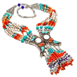 Red Coral & Turquoise Silver Plated Jewelry Necklace 17.99" T2 - Picture 1 of 3