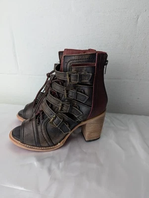 Freebird Women's Sz US 9 Braeden Brown Leather Strappy Booties Steven Peep Toe - Image 1 of 4
