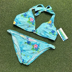 Vintage Y2K 2000s NWT Carolina Blues Blue Tropical Print Bikini Set Sz L - Picture 1 of 4