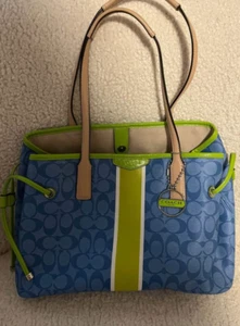 COACH F29064 Signature Stripe Carryall Blue/Green Coated Canvas Satchel Purse - Picture 1 of 3