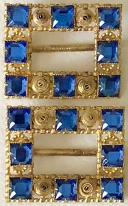 VINTAGE Czech Czechoslovakia BRASS GOLD FILIGREE BLUE RHINESTONE SHOE BUCKLES - Picture 1 of 7