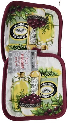 HOMESTYLE ESSENTIALS OF COTTON VALLEY Set of 2 Same Printed Kitchen Pot Holders (7"x7") OLIVE OIL BOTTLES & OLIVES, HS