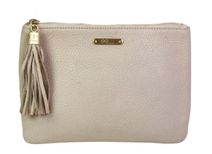 GiGi New York BEIGE GENUINE LEATHER ZIP TOP TASSEL PURSE CLUTCH WALLET HANDBAG - Picture 1 of 10