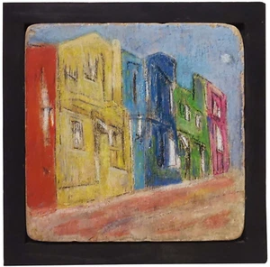 MID-20TH CENT c.1960'S VINT HAND PAINTED CEMENT STREETSCAPE TILE ART, WOOD FRAME - Picture 1 of 13