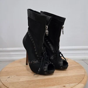 Alexander McQueen Shoes Women's 36 6 Black Leather Eyelet Stiletto Heel Booties - Picture 1 of 16