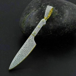 Ciondolo Coltello Moissanite Taglio Tondo 1,50 Ct Regalo Donna Placcato Oro Giallo - Foto 1 di 3