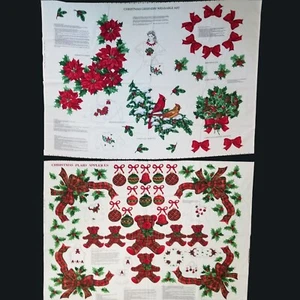 2 Christmas Fabric Applique Panels Plaid Ribbon Red White Green Wearable Art - Picture 1 of 12