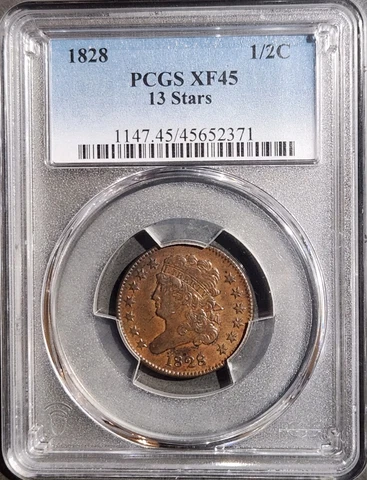 1828 Classic Head Half Cent 13 Stars PCGS XF45 1/2C US COIN Cover