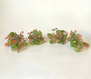 Lot of 4 Beaded Napkin Rings Peach Flowers Green Leaves Flower Spray - Picture 1 of 6