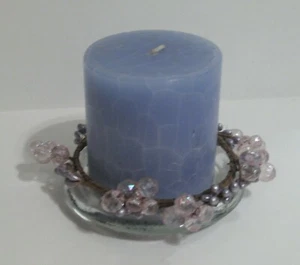 Blue Candle with Glass Candleholder Plate  & Decorative Beaded Trim, 3 pc - Picture 1 of 2