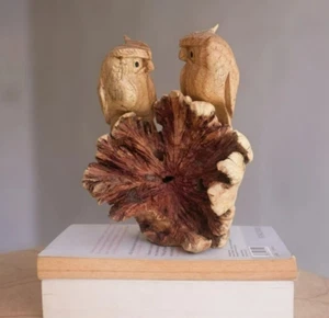 Owl Couple Figurine, Wood Carving, Handmade, Burl Wood, Bird Ornament, Gift Idea - Picture 1 of 7