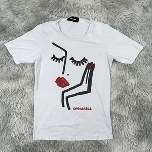 DSQUARED2 Women’s Abstract Face Art Print Round Neck Off White Cotton Shirt S - Picture 1 of 11