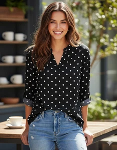 Camisa Talbots Mujer 2X Negra Blanca Lunares Cuello Dividido Manga 3/4 Top Plus - Imagen 1 de 12