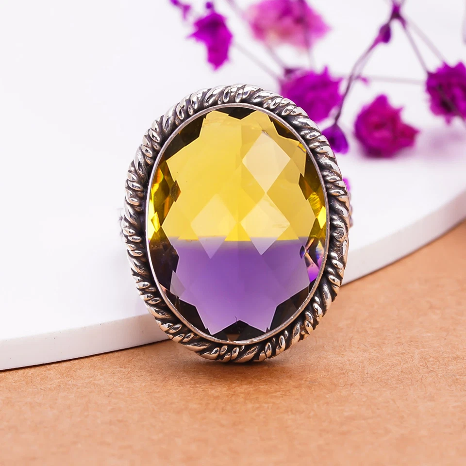 Elegante anillo de plata de ley 925 maciza con piedras preciosas de ametrino, joyería vintage V7752 Foto 1 de 4