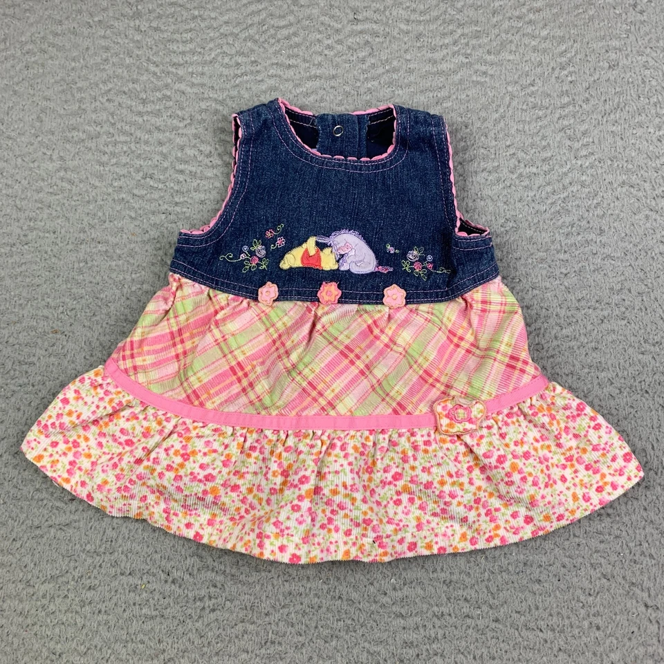 Vintage Disney Baby 2000's Winnie the Pooh Baby Girl Dress 3/6m Y2K Denim - Image 1 of 4