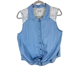 Wrangler Blue Tencel White Lace Collar Sleeveless Western Button Up Tie Front L - Picture 1 of 7
