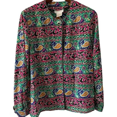 Blusa secretaria vintage años 90/Y2K paisley floral sin cuello rosa verde talla 10/M Foto 1 de 4