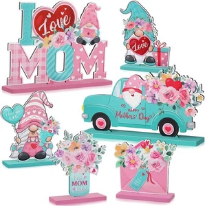 Blosssound 6 Pcs Mother's Day Wooden Centerpieces Table Decorations Pink Blue - Picture 1 of 6