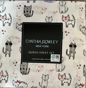 Cynthia Rowley Queen Sheet Set Cats Kittens Hearts White/Red/Black 4 Piece NEW - Picture 1 of 2