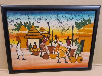 African Batik Fabric Painting – Village Life Scene – Signed 'Jumeta' – Framed - Image 1 of 4