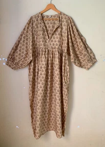 Beautiful Floal Summer blockprint cotten dress Deep Neck with string & gift item - Picture 1 of 4