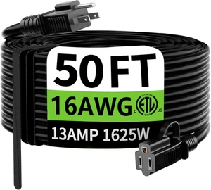 Indoor Outdoor Black Extension Cord 50 Ft Waterproof, 16/3 Gauge Flexible Resist - Picture 1 of 12