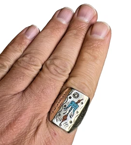 Vintage Navajo Thunderbird Ring Sterling Silver Size 10 Turquoise & Coral Inlay - Picture 1 of 17
