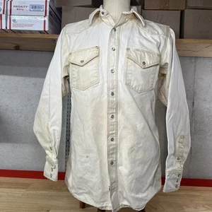 Vtg Heavy Canvas Pearl Snap Work Shirt Beige Men’s XL-2XL *WORN* - Picture 1 of 5
