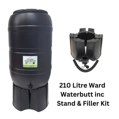 BLACK Ward Garden Plastic 210 Litre Water Butt Kit c/w Stand Tap Connection Set - Image 1 of 3