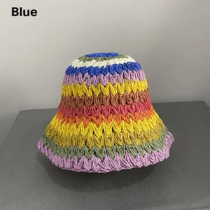 Lady Rainbow Striped Crocheting Straw Sunhat Bucket Boonie Cap Beach Summer Chic - Picture 1 of 10