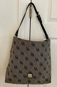 Vintage Dooney & Bourke Quilted  Bag Purse Gray Black Logo Black Leather Straps - Picture 1 of 13