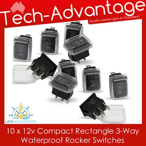 10 X 12V THREE 3-WAY WATER-RESISTANT ON/OFF/ON ROCKER SWITCHES - BOAT/CAR/4X4 - Imagen 1 de 3