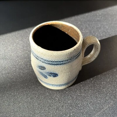 Rowe Pottery Works Mug Salt Glaze Stoneware With Blue Detail Cambridge WI 1982 - Image 1 of 4