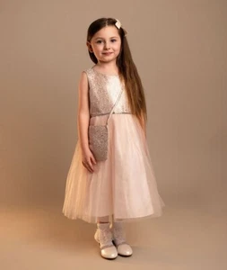 Conjunto de vestido y bolso de jacquard rosa rubor para niñas, falda de tul longitud midi, edades 2-12 - Imagen 1 de 2