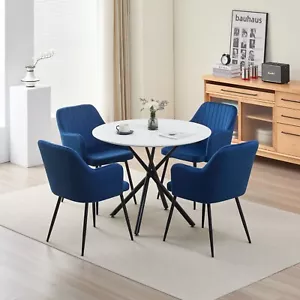 5 Piece Dining Table Set with 4 Blue Velvet Chairs Kitchen Furniture - Picture 1 of 11