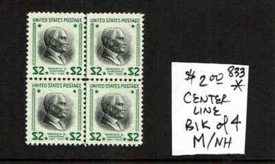 1938 U.S. PRESIDENTIAL $2 Grn & Blk HARDING CENTERLINE BLK of 4 Sc#833 M/NH/OG** - Image 1 of 2